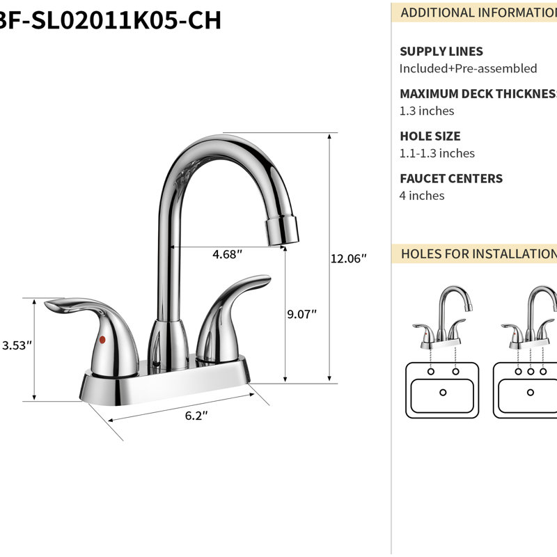 Robinet de salle de bain 12,12 po, 2, bec pivotant à 360 °, fixation sur le comptoir, teinture, robinet à plaque incluse, teinture