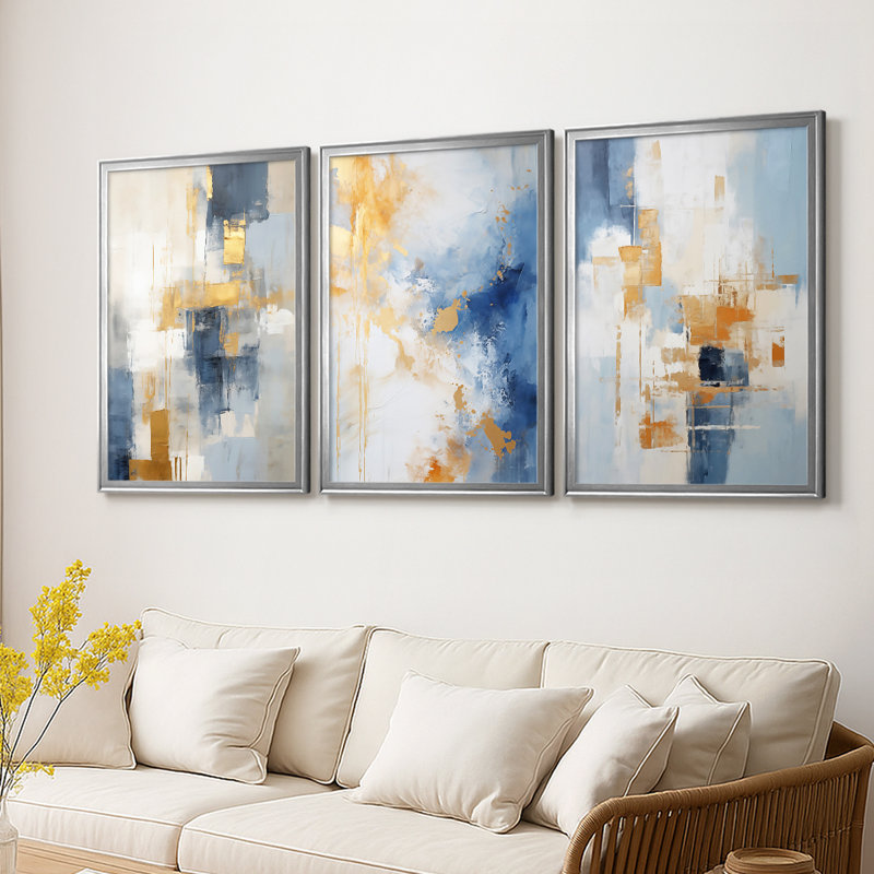 ABSTRACT Series Dxli - Toile tendue avec châssis sur mesure - 3 pièces, Argent argent, H 15 po x l 19 po