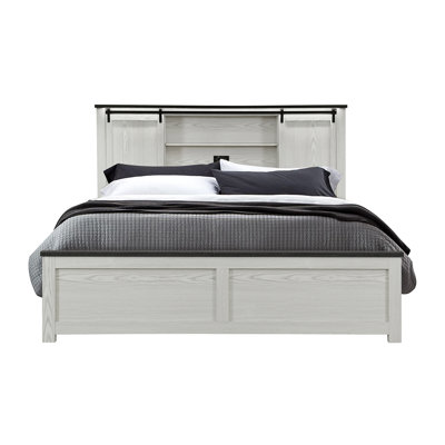 Structure de lit très grand beige avec tête de lit bibliothèque et barre noire, profil bas, fabrication en bois d'hévéa pour la chambre à coucher, style transitionnel, bois massif + bourre, profondeur 90,97 po, largeur 79,98 po, largeur 56,28 po