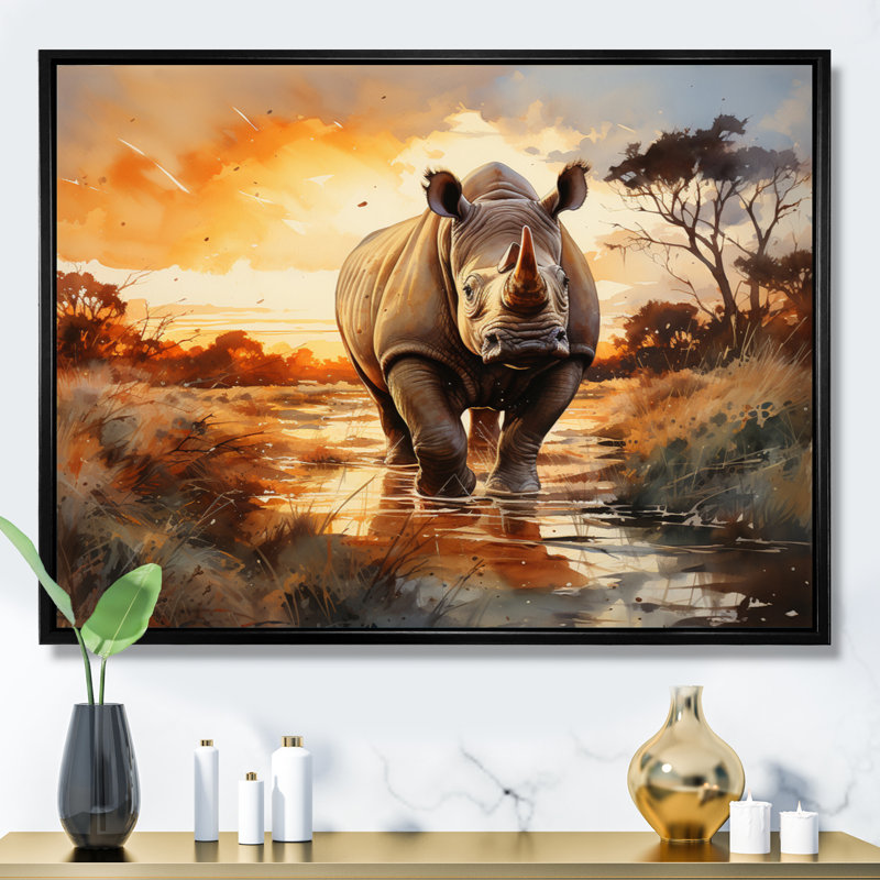 Rhinocéros «A Vast Sunset» - impression, H 30 po x l 40 po x P 1,5 po, Cadre flottant noir