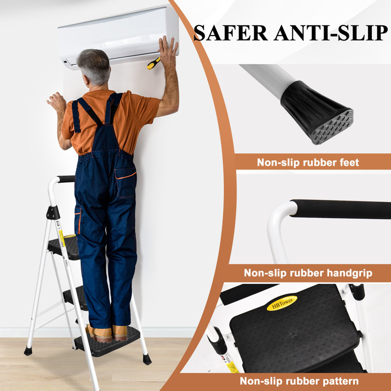 3 Step Ladder, Folding Step Stool for Adults with Wide Anti-Slip Pedal, 500 LBS Capacity, Lightweight, Portable Steel Step Stool with Convenient Handrail