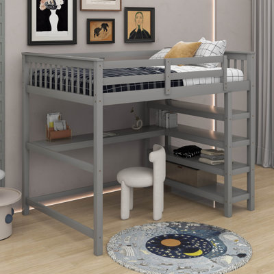 Lit mezzanine double avec tablettes et bureau