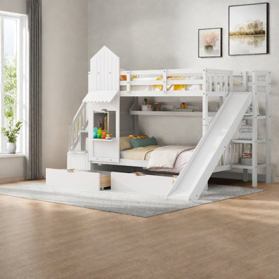 Lits superposés simples de style château, en bois massif, avec rangement et glissoire pour enfants