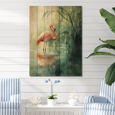 Flamant rose dans le marais I - reproduction de bois animal flamant rose sur bois de pin naturel