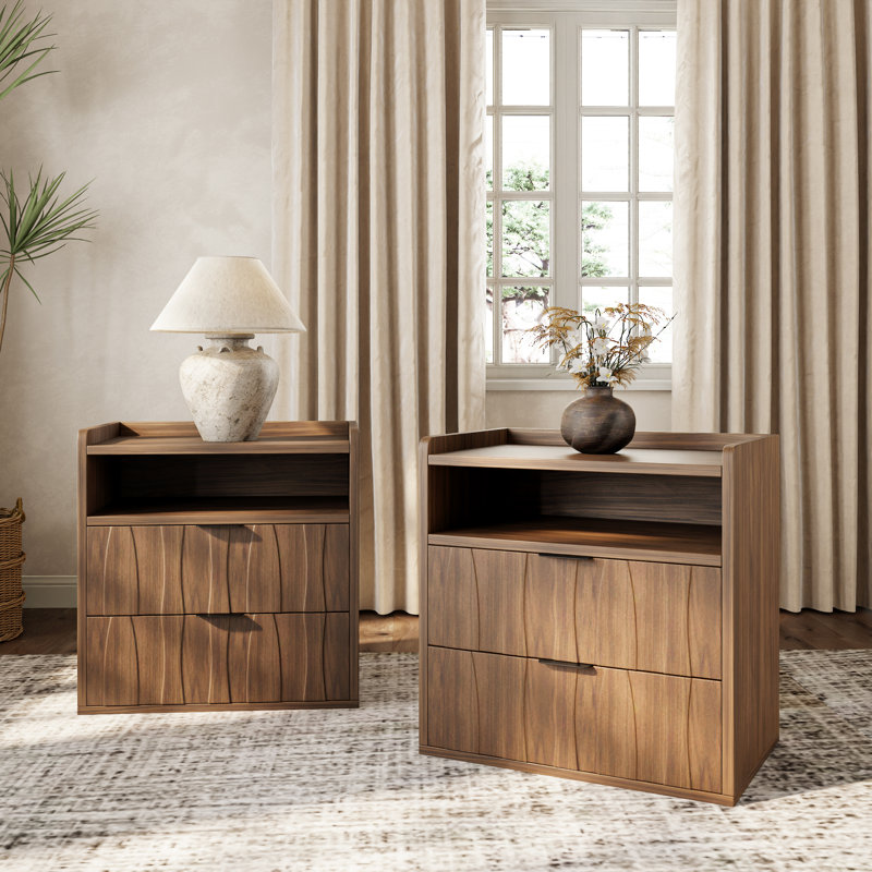 Mid Century Modern Wood 2 Drawer Nightstand With Storage (Set Of 2),  Set of 2