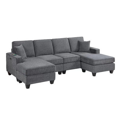 Baiona Slate Gray Chenille Sectional Sofa Set With Dual Chaises And Usb Port