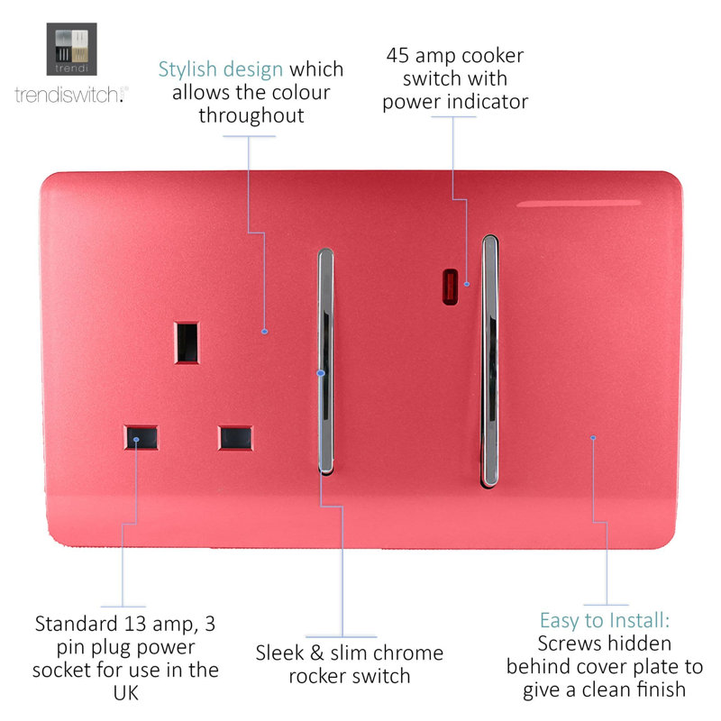 Trendi Switch 45 Amp Cooker Switch & 13 Amp Plug Socket with Neon, Strawberry