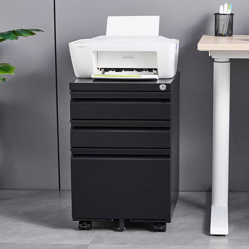 Classeur mobile noir à 3 tiroirs, solution de bureau avec serrure, 2 tiroirs à papeterie, 1 plateau à crayons, classeur à suspendre au format lettre / A4, tringles amovibles, 5 espaces de travail basculants
