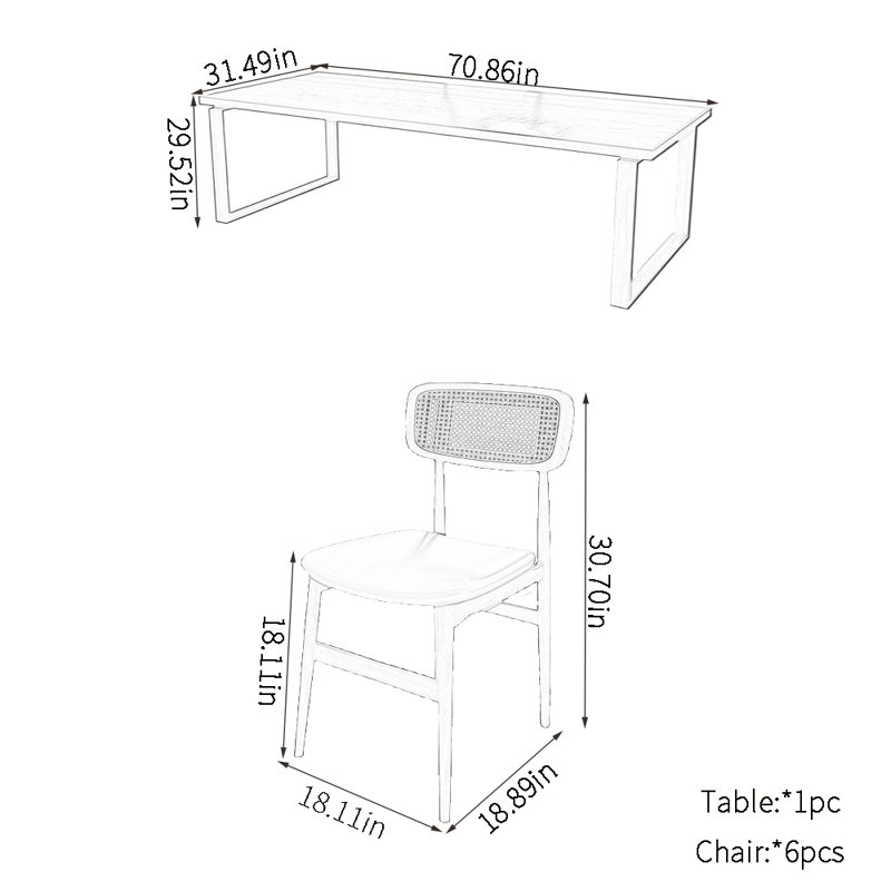 Ash wood dining table sets, 29.52"H x 70.86"L x 31.49"W
