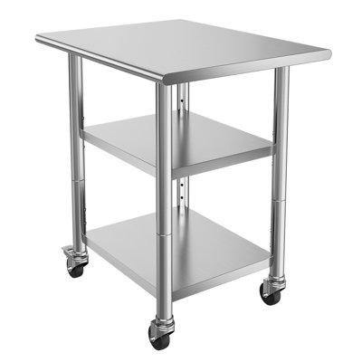 Table de travail en acier inoxydable avec roulettes, 76,2 cm L x 61 cm P x 86,4 cm H, acier inoxydable, monobloc, table de travail, argentée, tablette réglable et 5 crochets