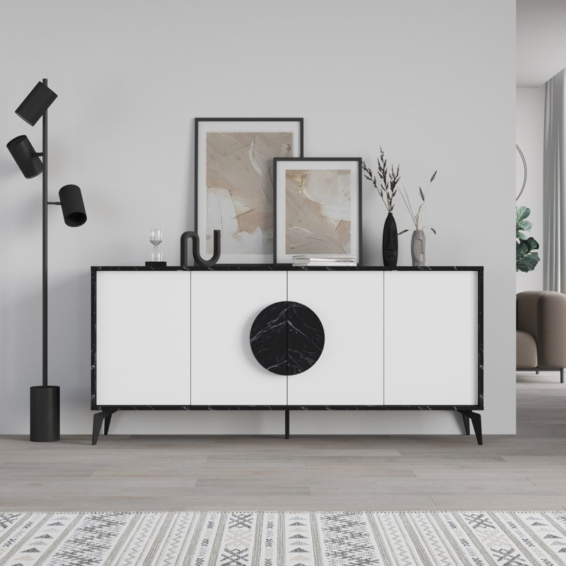 Chani Modern Wide Sideboard Display Unit 180cm, Black Marble/White