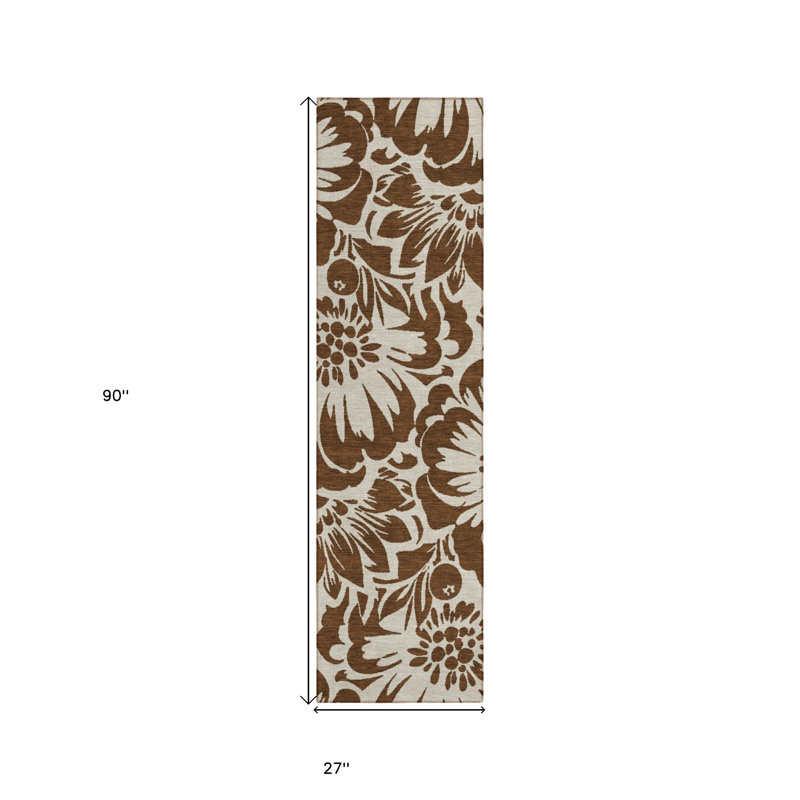 HomeRoots 8' Brown And Ivory Floral Washable Indoor Outdoor Runner Rug