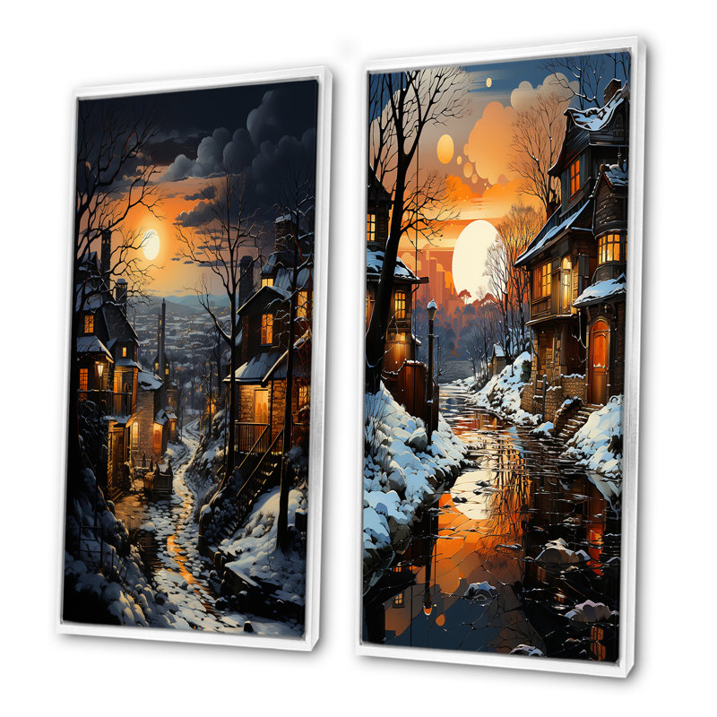 Paysage industriel, ensemble de 2 toiles d'art topaze Twilight, Cadre blanc, H 32 po x l 33 po