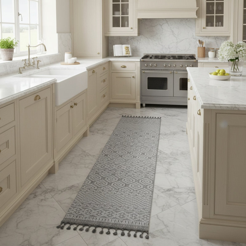Guros Collection Grey / White Geometric Indoor Outdoor Runner Rug, Runner 2'2" x 8'