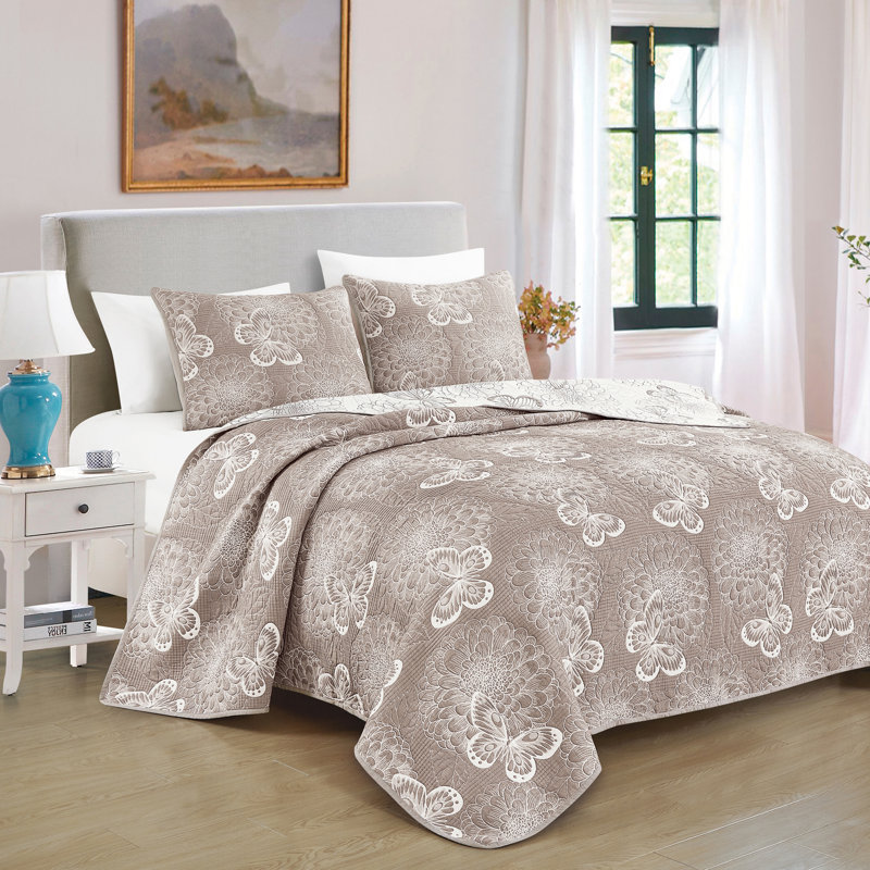 Ensemble de couvre-lit matelassé en coton 3 pièces Noriko, Couvre-lit très grand + 2 pièces supplémentaire, Damas brun