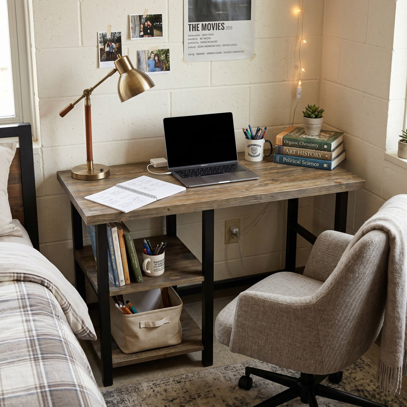 Bureau en métal et en bois massif avec 2 tablettes Pomona