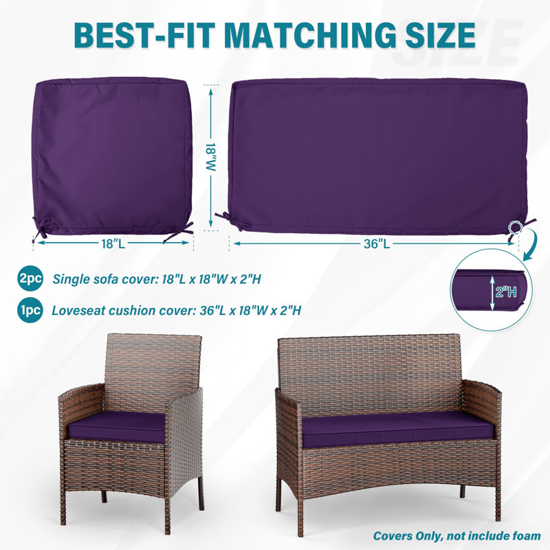 3-Piece Outdoor  Cushion  Covers Set(1 Big Cover+2 Small Covers), Covers Only, Purple