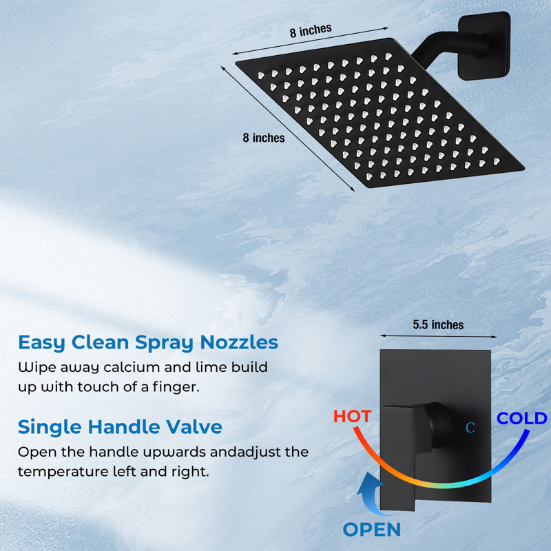 HGN 8 Inches Wall Mounted Rainfal Bathroom Rain Shower Faucet, Matte Black