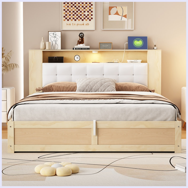 Lit plateforme avec rangement en cuir Vegan, Naturel