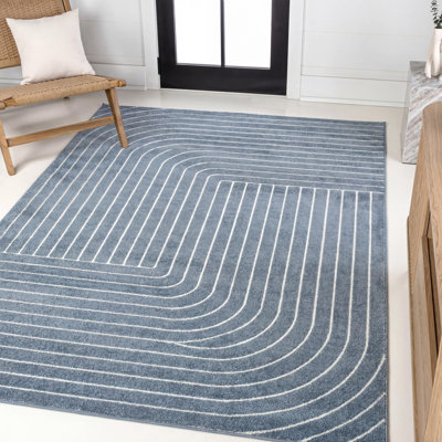 Alecxia High-Low Minimalist Angle Geometric Dark Blue/Cream Indoor/Outdoor Rug