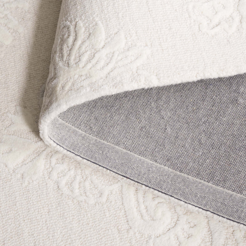 Tapis ivoire touffeté à la main en laine / viscose / coton Vidath 619, Rectangle 5 pi x 8 pi
