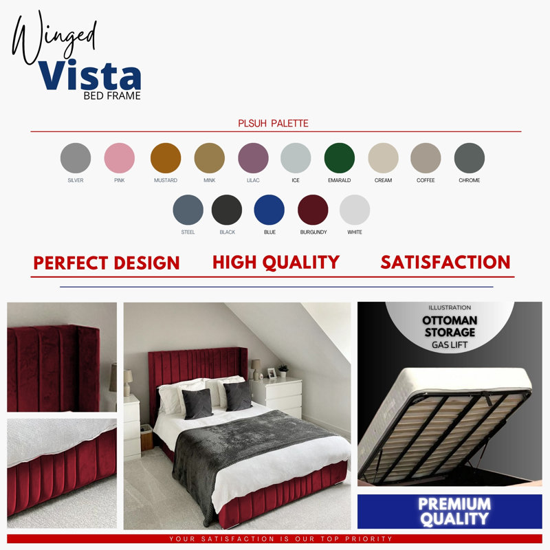Vista Wingback Ottoman Storage Bed - Plush Velvet Gas Lift Bed Frame with Headboard, Single (3'), Burgundy