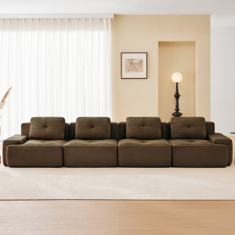 Canapé d'angle modulaire 4 places en velours côtelé de 153 pouces avec assise profonde, design ergonomique, aucun assemblage requis pour le salon, couleur marron à boucle, passepoil nacré.