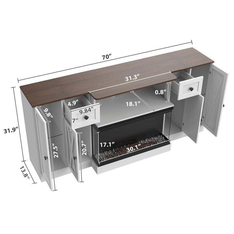 70" Farmhouse Tv Stand With 30" 3-sided Electric Fireplace, Led Lighting & Glass Door Storage