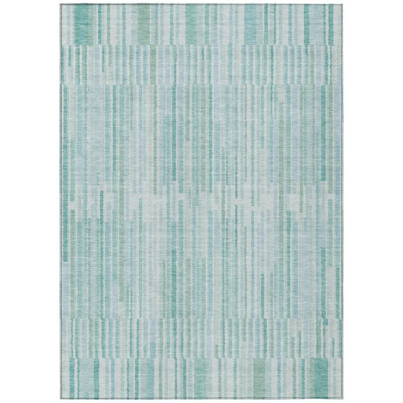 3' X 5' Turquoise And Pale Aqua Striped Washable Indoor Outdoor Area Rug