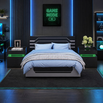 3-Pieces Bedroom Sets ,Hydraulic Storage Gaming Bed Frame,Nightstandset 2 With 2 Storage Drawers And Adjustable LED Strip Light