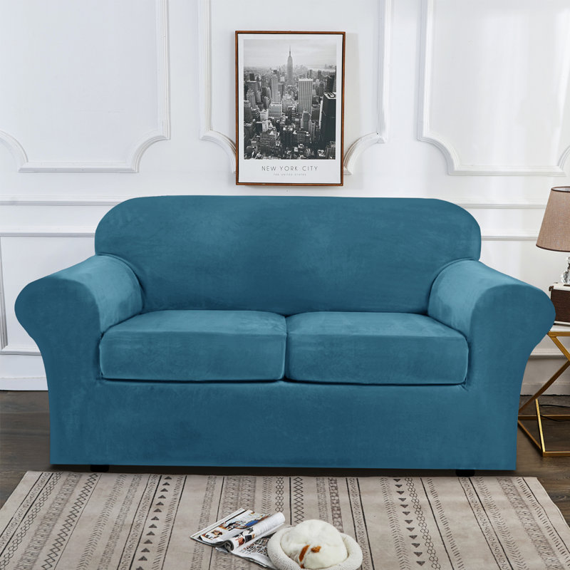 Housse pour causeuse à coussins carrés/rectangulaires, Velours bleu paon