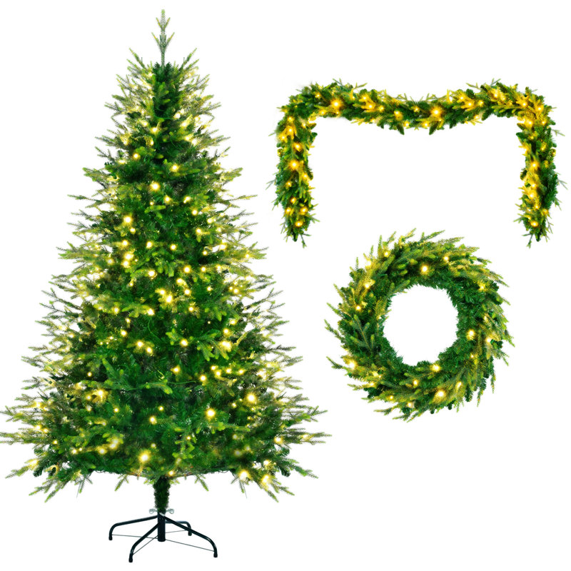 Pre-Lit Aspen Fir Artificial Christmas Tree With Wreath & Garland,Grass  Xmas Tree With 380 Multi-Colour LED Lights, 11 Lighting Modes, 861 PE Branch Tips, For Indoor Holiday Decor