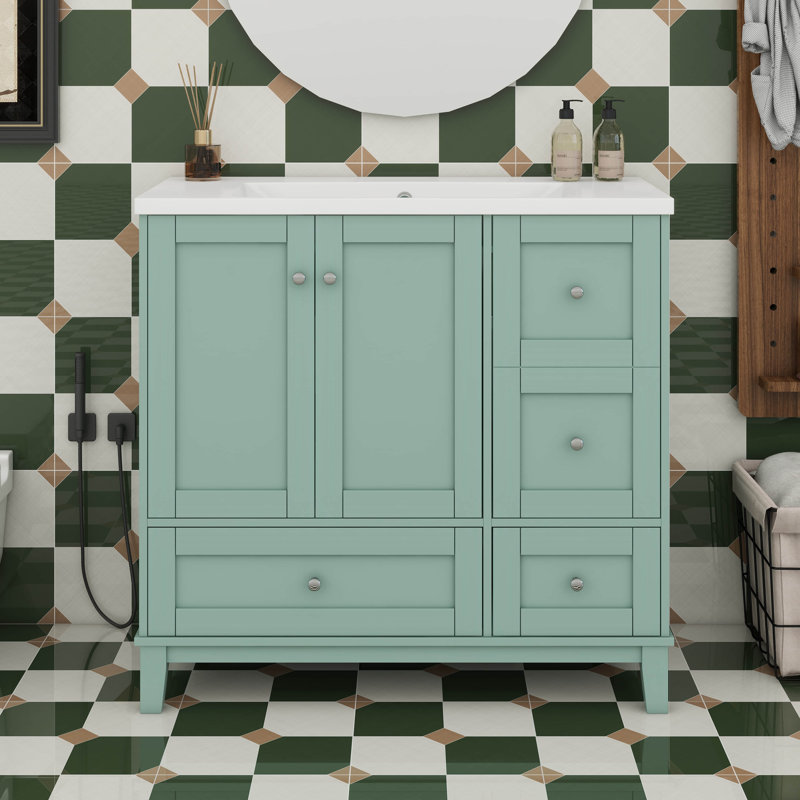 Meuble-lavabo 36 po sans lavabo, armoire de salle de bain autoportante en bois avec chargement USB, 3 tiroirs et une armoire
