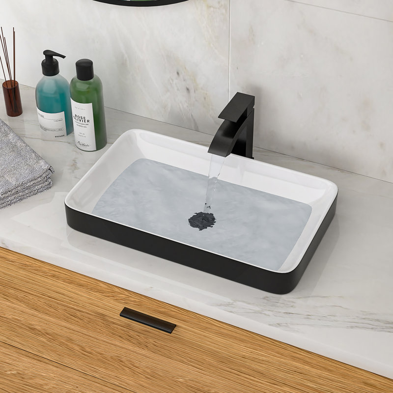 Lavabo de salle de bain semi-encastré en céramique blanc et noir 19 po x 12 po - vasque de comptoir