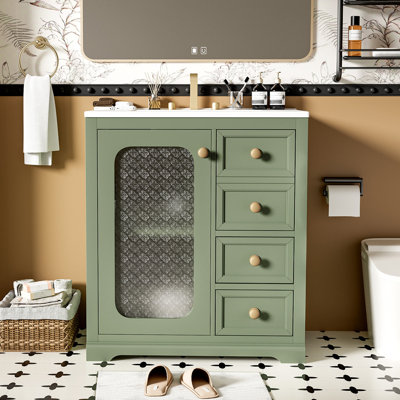 30-Inch Vestie Vanity With A Soft Close Glass Door, Adjustable Shelves, And Three Drawers