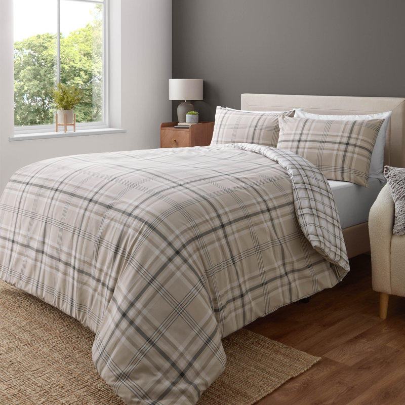 Kelso Check Reversible Duvet Cover Set, Beige, Super Kingsize + 2 Standard Pillowcases