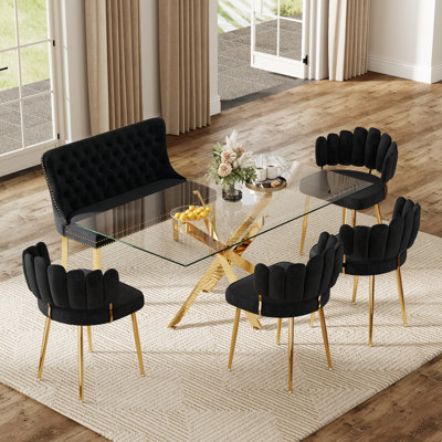 Ensemble de table de salle à manger en verre Baltimore, table de cuisine moderne en verre et chaises en velours, ensemble de table de salle à manger avec banc en velours pour la cuisine, les maisons et les appartements