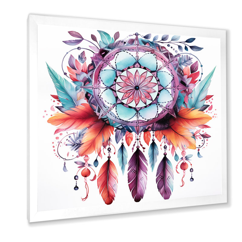 Mauve Boho Dreamcatcher, aquarelle encadrée sur toile, Cadre simple blanc, H 16 po x l 16 po x P 1 po
