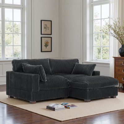 2 - Piece Upholstered Gray Faux Rabbit Fur Flannel Reversible Modular Sofa Living Room Sectional Couch with Pillows