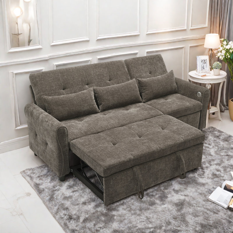2-in-1 Three-seater Sofa With A Sofa Bed And A Reversible Recliner, Curved Armrests With Tufted Detailing And Usb Charging Ports