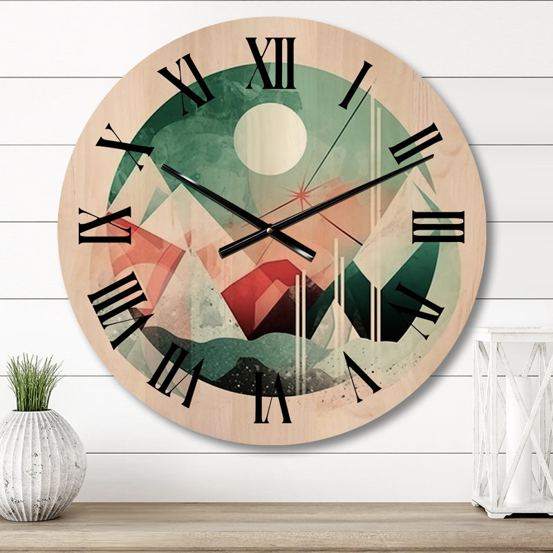 Gyspy Minimal Boho Landscape In Retro Colors III - Modern Geometric Oversized Wood Wall Clock, Moyenne