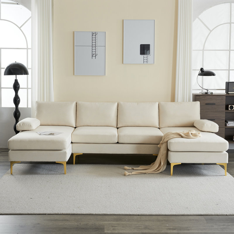 3 - Piece Upholstered Sectional, Beige Polyester Blend