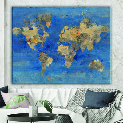 Carte du monde doré bleu, reproduction d'art sur toile tendue