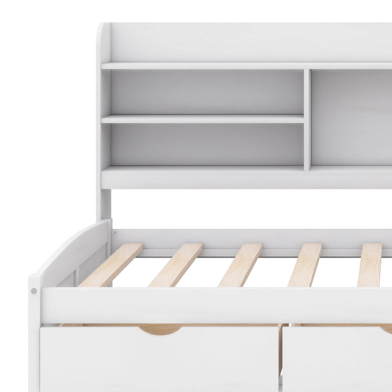 Twin Size Wooden Captain Bed With Built-In Bookshelves,Three Storage Drawers And Trundle, White Wash