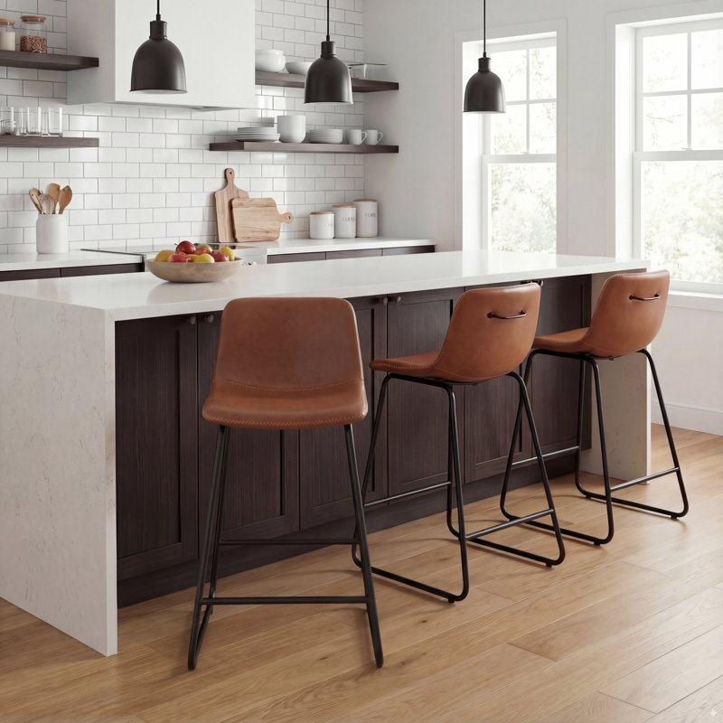Tabouret de comptoir moderne en similicuir avec repose-pieds à dossier bas, Brun