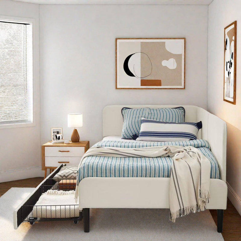 Upholstered Daybed With 2 Storage Drawers And Adjustable Side Rail, Twin