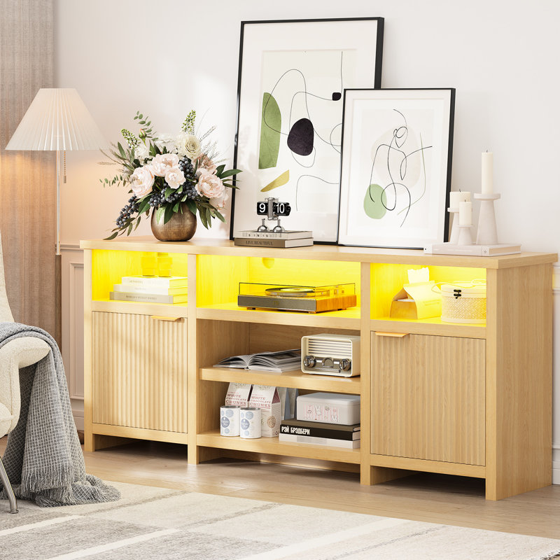 Meuble télé en chêne pour divertissement de 80 pouces, console multimédia au design spacieux, rangement intelligent et assemblage rapide dans le salon