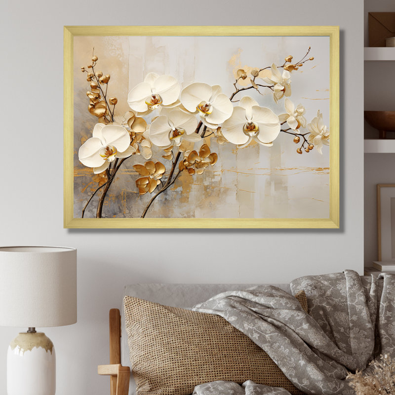Minimalisme beige et orchidées dorées - impressions sur toile orchidées, H 30 po x l 40 po, Cadre photo unique, Doré