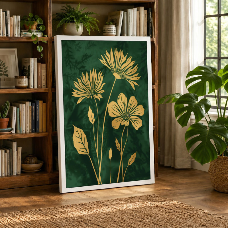 Golden Study Botanical - Wrapped Canvas, 18x12 - 45.7 x 30.5 cm, Teal Border