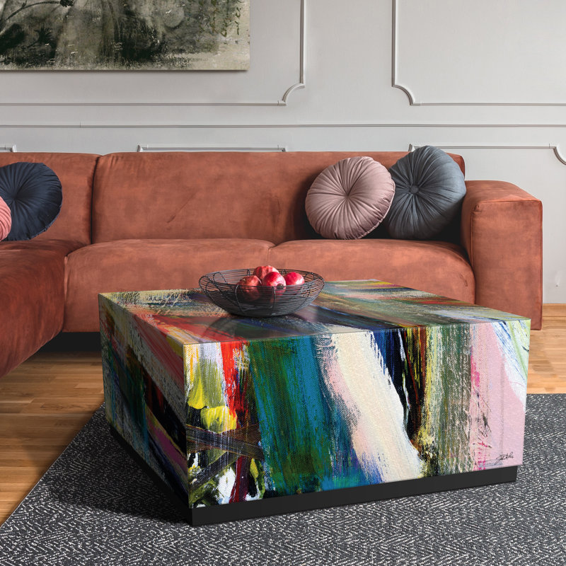 Abstract Multicolor Glass and Wood Cocktail Table